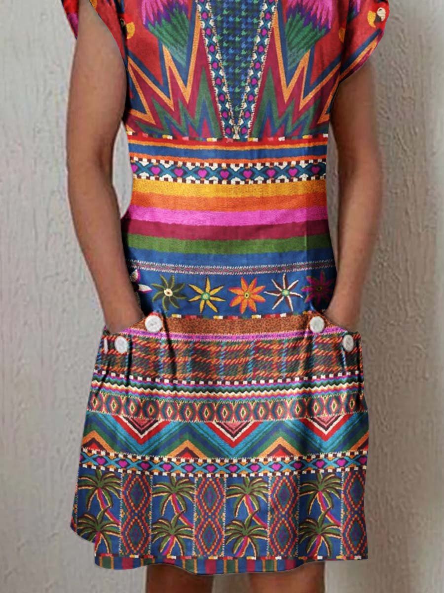 Women's Classic Art Geometric Pattern Vintage Cotton and Linen Dress with Pockets