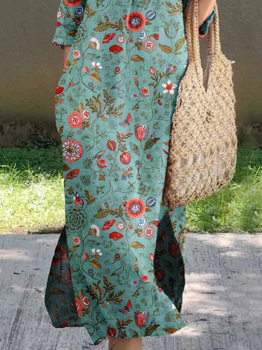 Women's Classic Poppy Flower Pattern V-Neck Cotton and Linen Dress