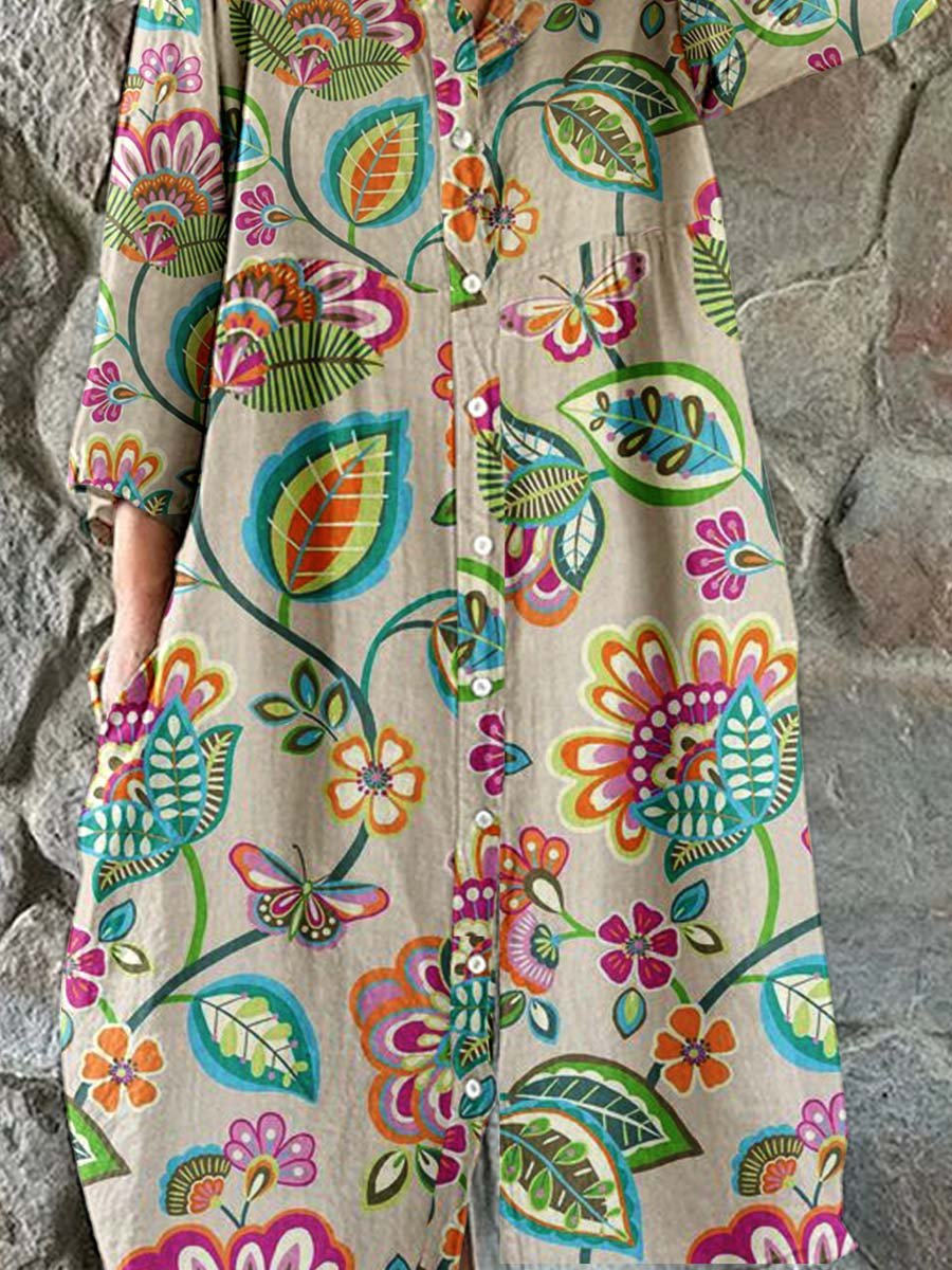 Women's Elegant Floral Shirt Style Cotton and Linen Dress