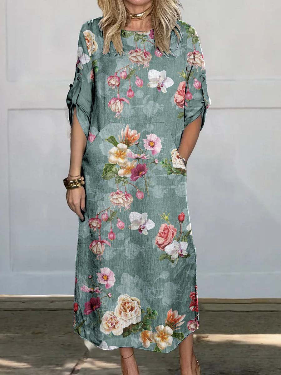 Women's Round Neck Floral Pattern Print Sleeve Loops Cotton and Linen Dress