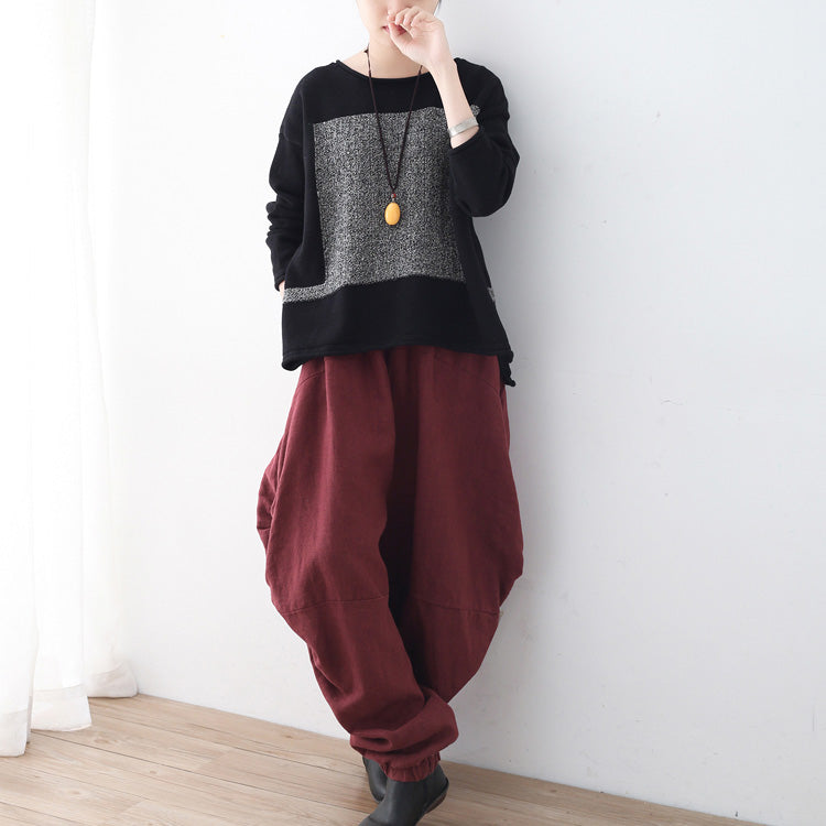 women black knit sweaters fall fashion patchwork sweaters New o neck fall blouse