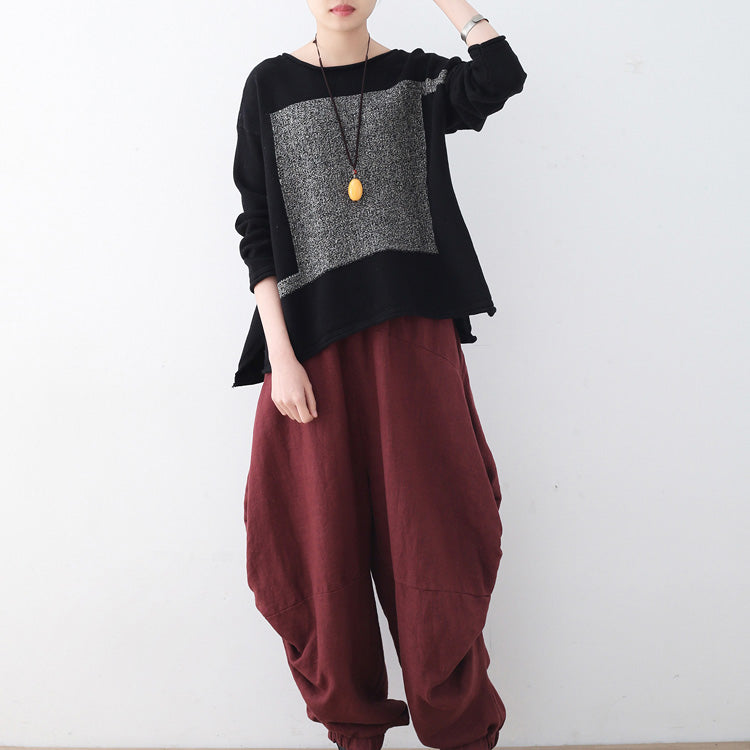 women black knit sweaters fall fashion patchwork sweaters New o neck fall blouse