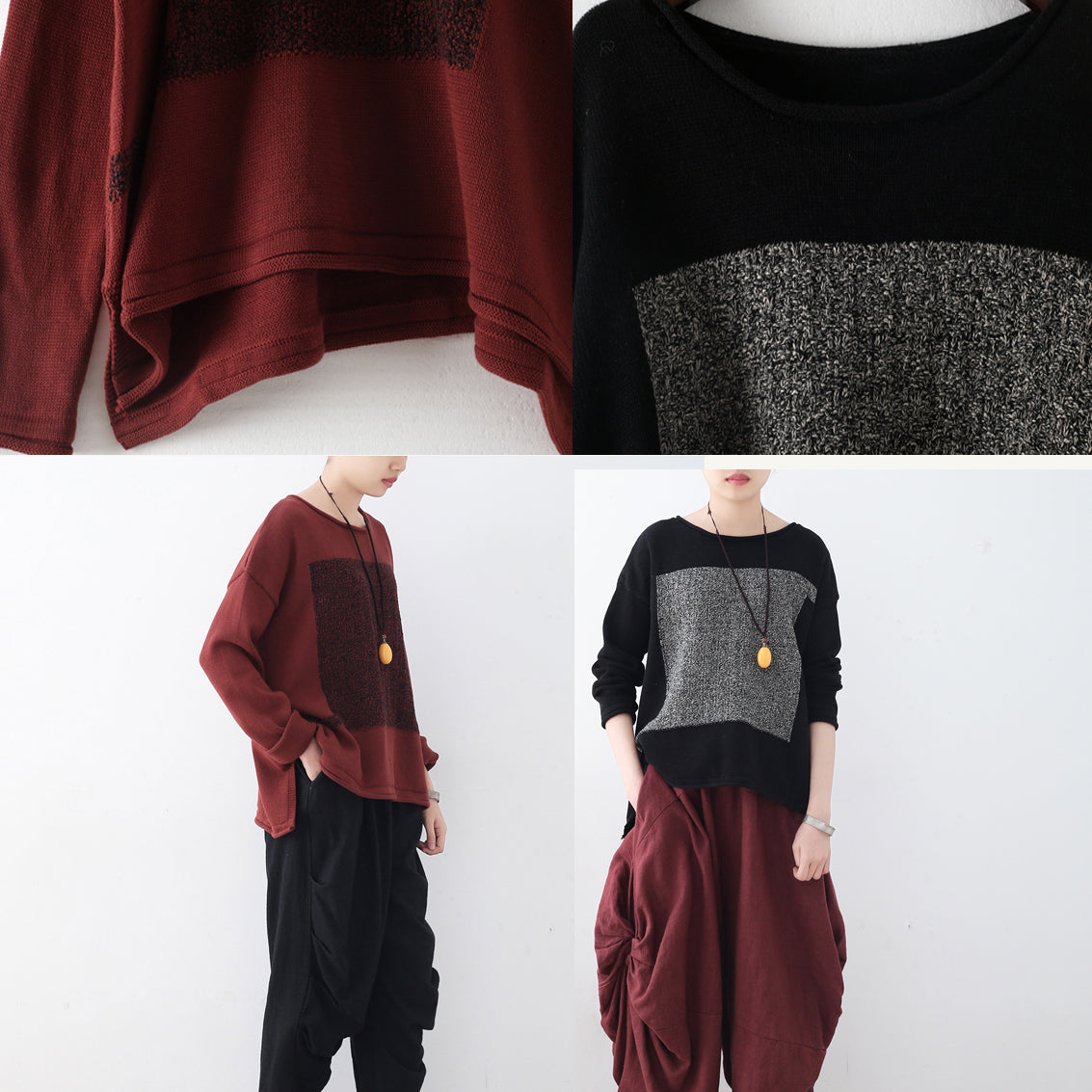 women black knit sweaters fall fashion patchwork sweaters New o neck fall blouse