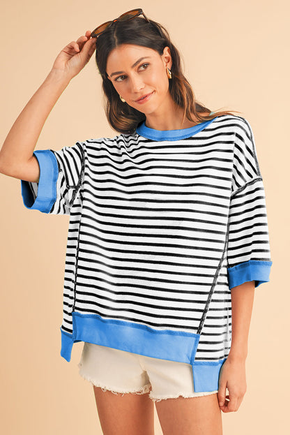 Black Stripe Contrast Trim Drop Sleeve Loose Top