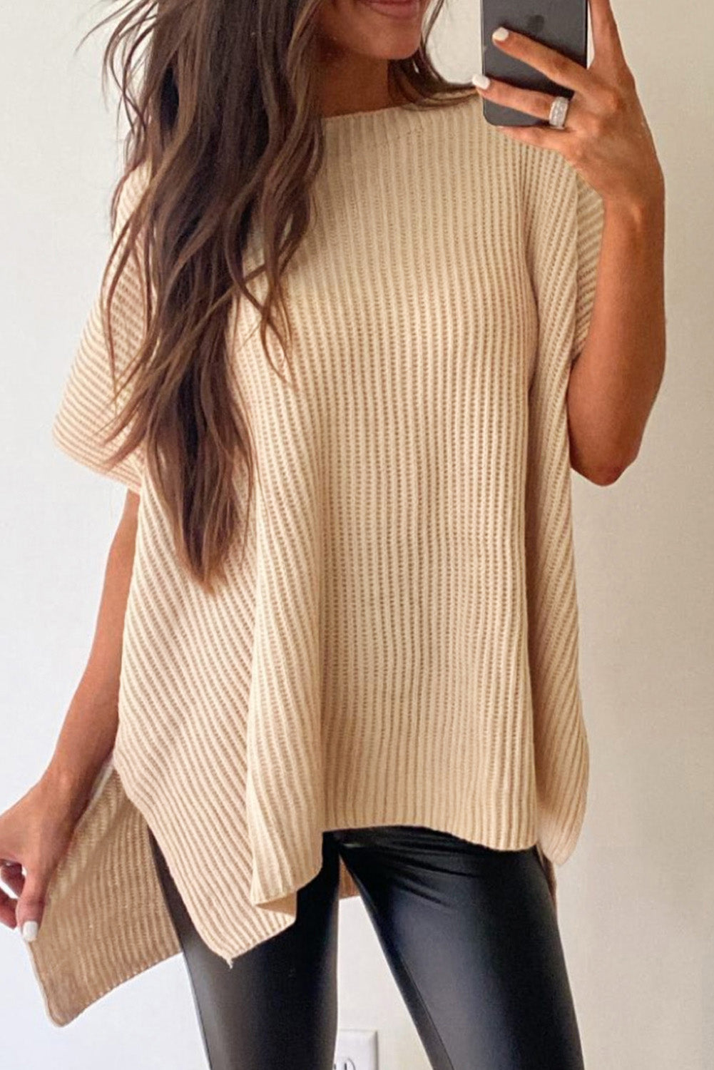 Gray Side Slit Short Dolman Sleeve Knitted Oversized Top