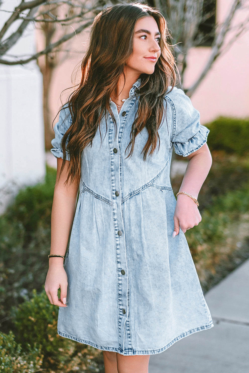 Blue Mineral Washed Ruffled Short Sleeve Pocketed Denim Dress