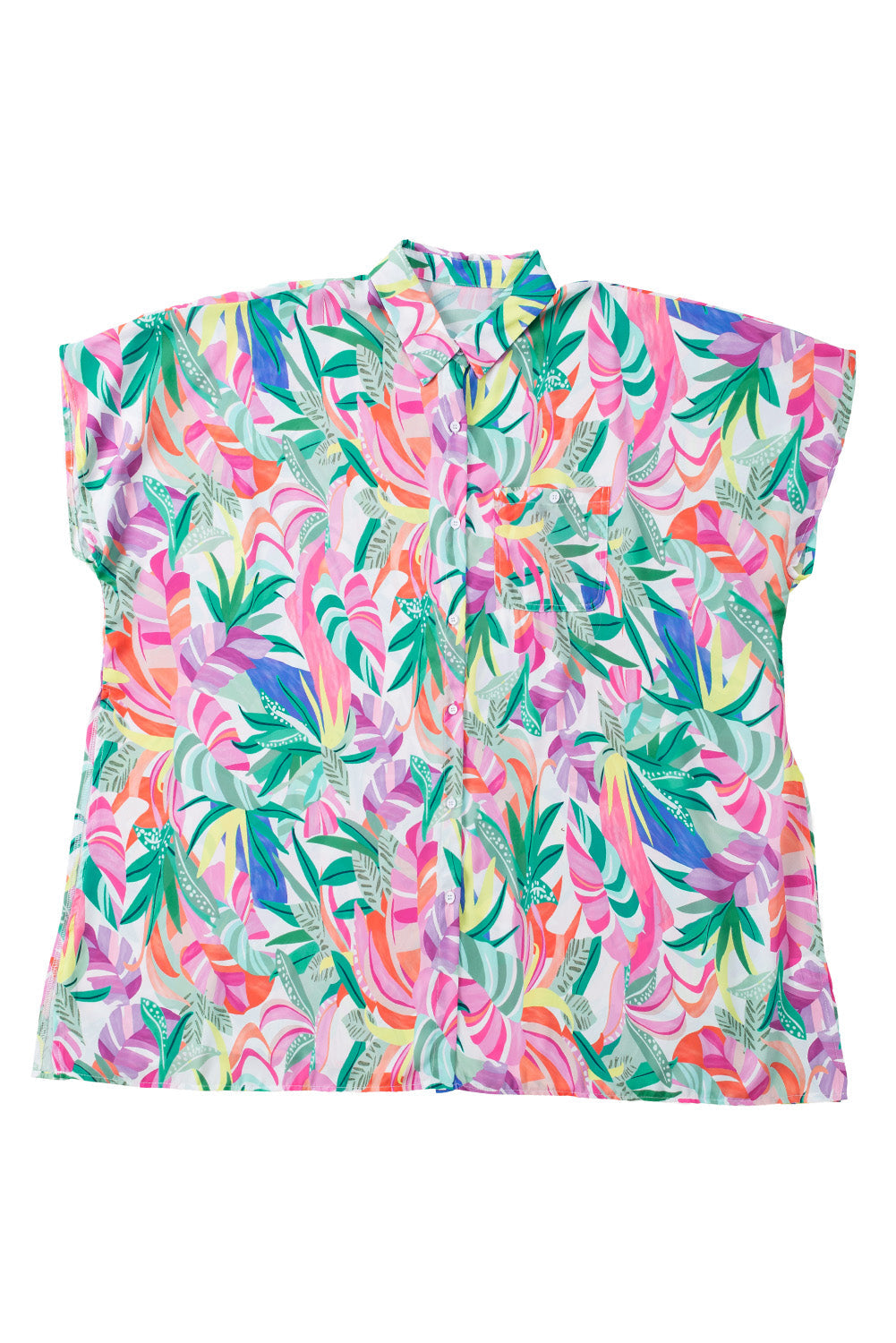 Multicolor Tropical Print Button-up Short Sleeve Beach Cover Up