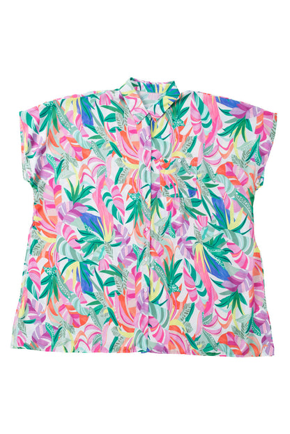 Multicolor Tropical Print Button-up Short Sleeve Beach Cover Up