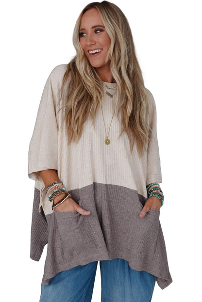 Pale Khaki Color Block Ribbed Knit Split Side Poncho