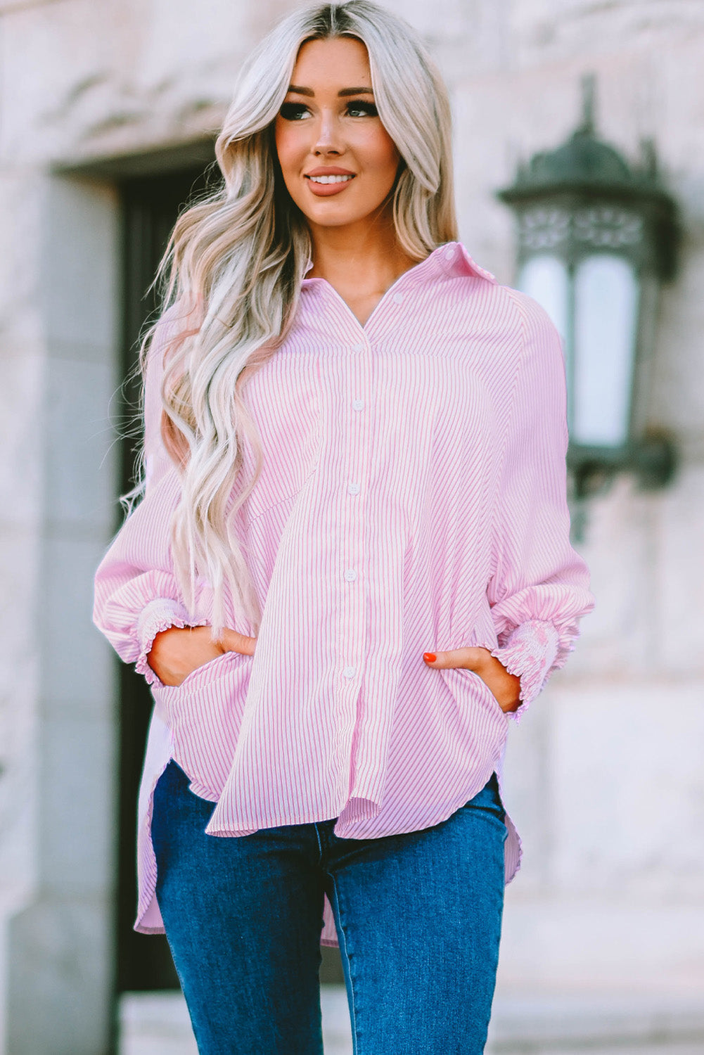 Light Blue Striped Casual Shirred Cuffs Shirt