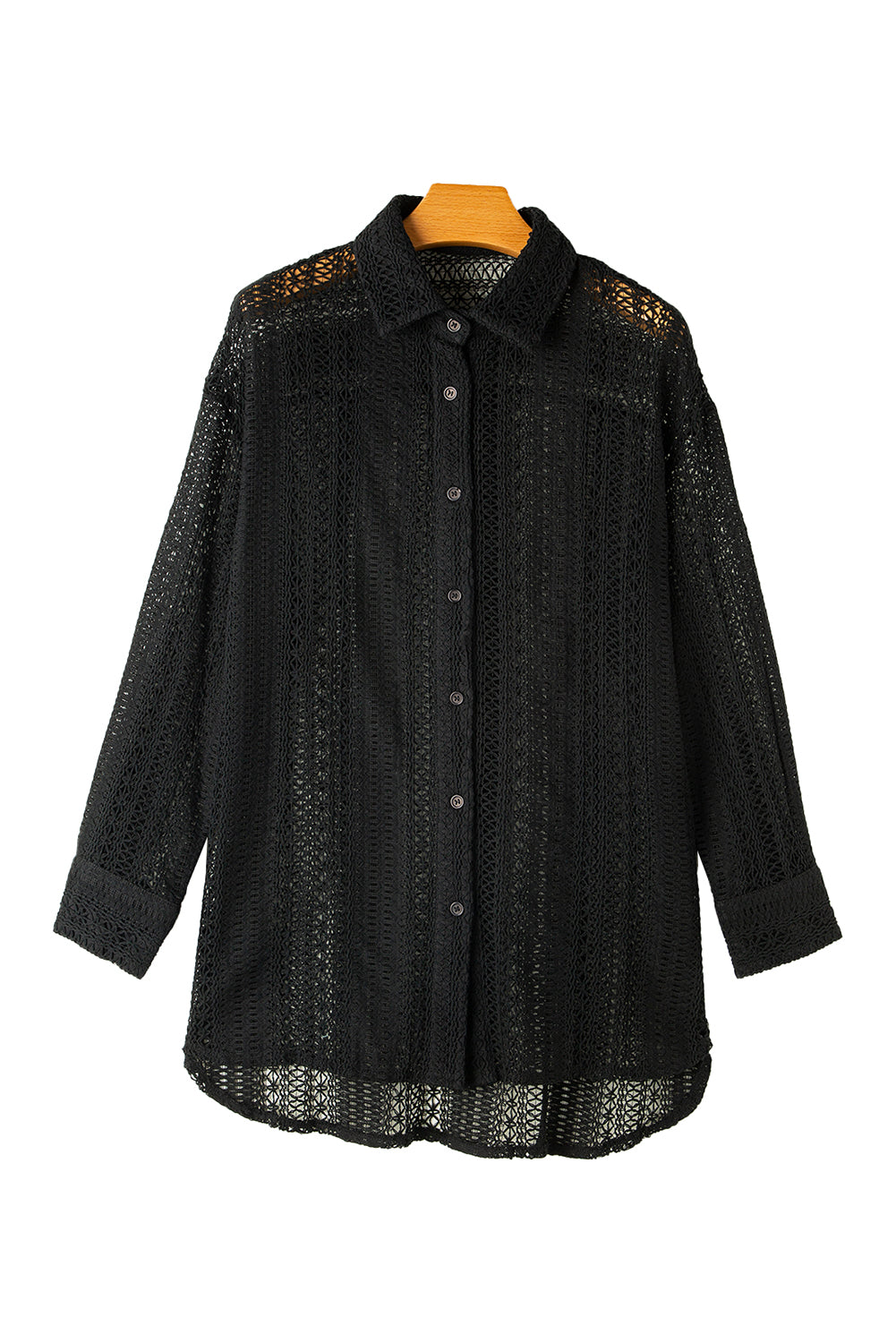 Black Lace Crochet Collared Button Up Oversized Shirt