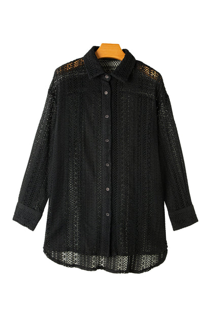 Black Lace Crochet Collared Button Up Oversized Shirt