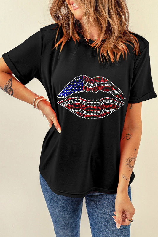 Black Flag Day Rhinestone Lip Shape Graphic T Shirt