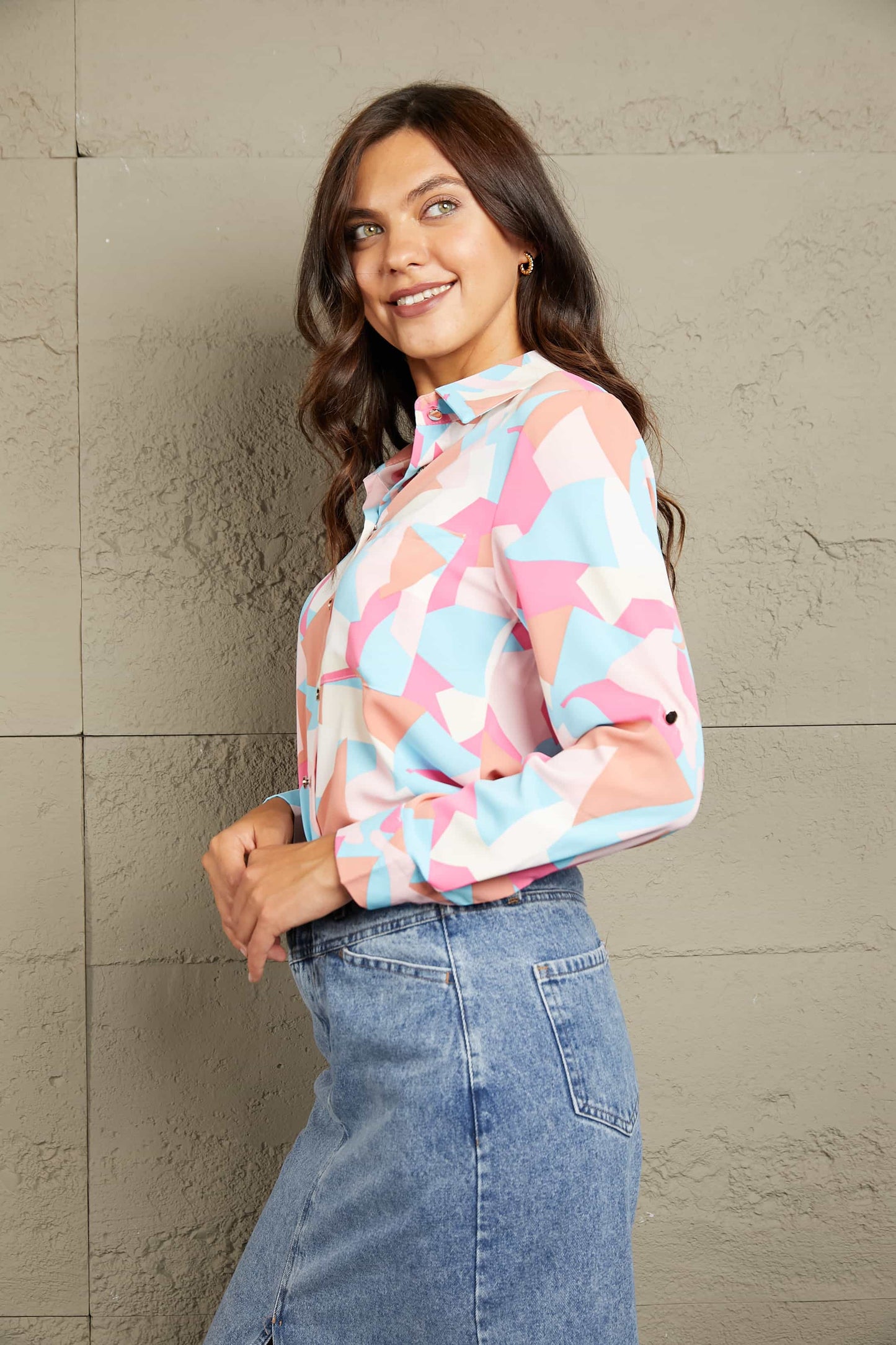 Double Take Multicolored Long Sleeve Collared Shirt