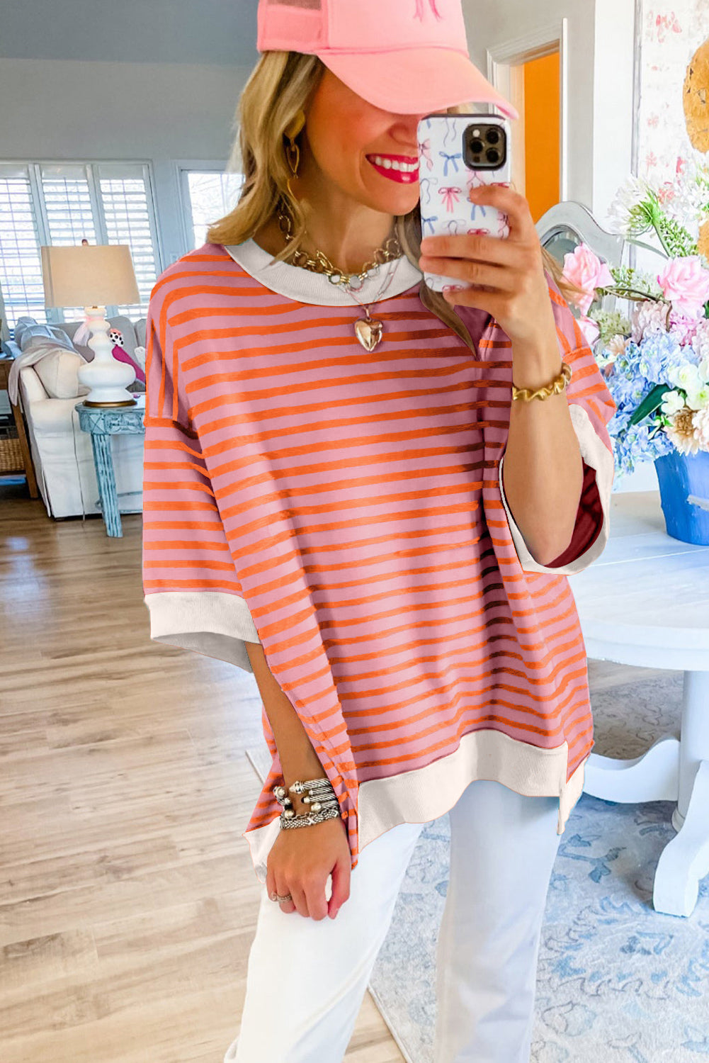 Black Stripe Contrast Trim Drop Sleeve Loose Top