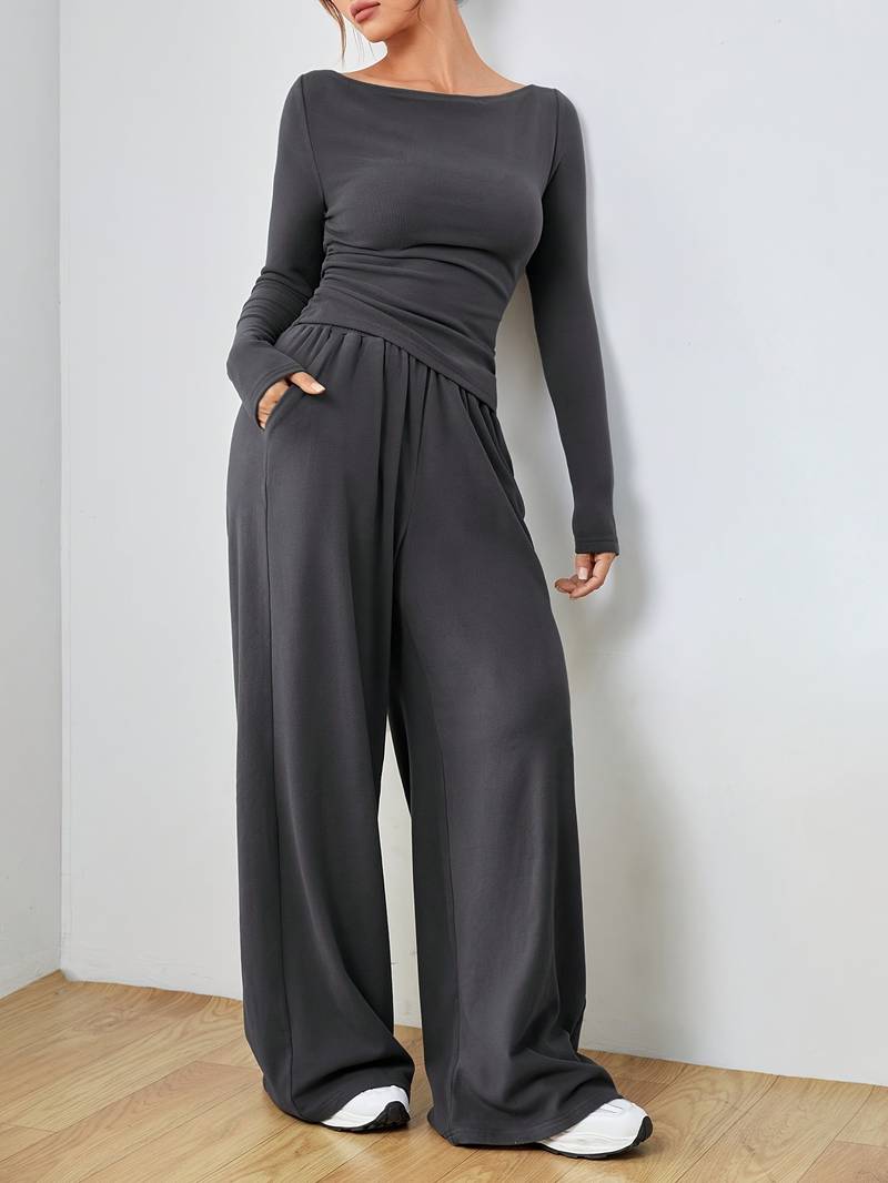 Mia – solid, casual set of long sleeve shirt and wide leg trousers