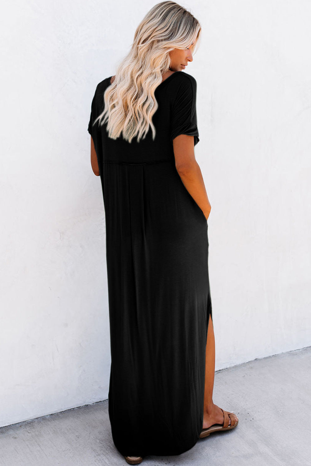 Black Solid Color Hidden Pocket V Neck Slit Maxi Dress