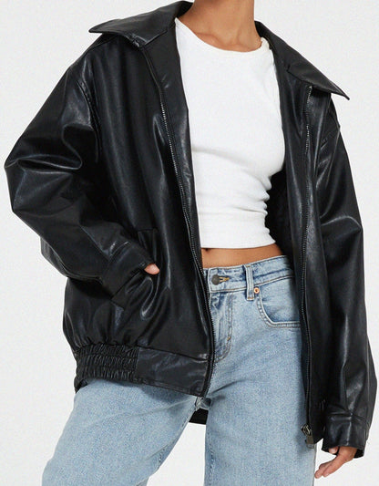 Loose leather jacket for women