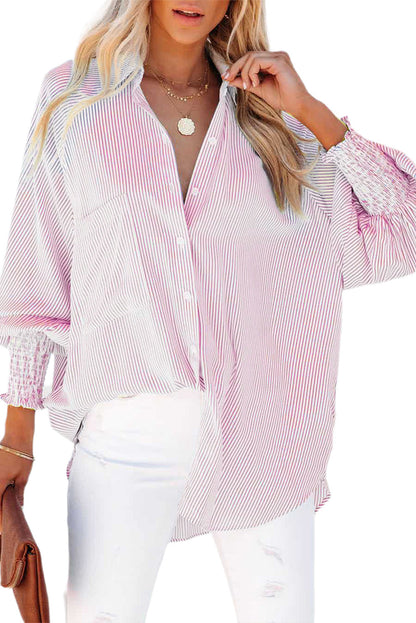 Light Blue Striped Casual Shirred Cuffs Shirt