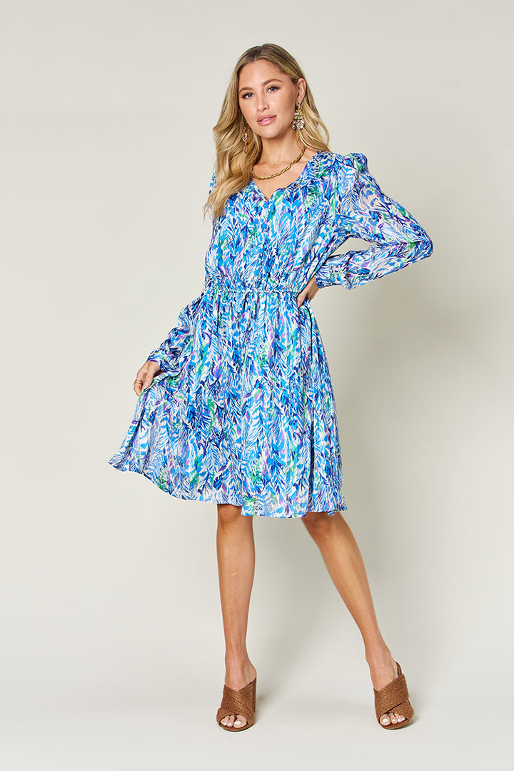 Double Take Full Size Printed Drawstring Waist Long Sleeve Dress