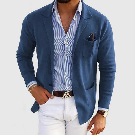 Elegant men's cardigan with pockets and lapel collar, solid color, long sleeves