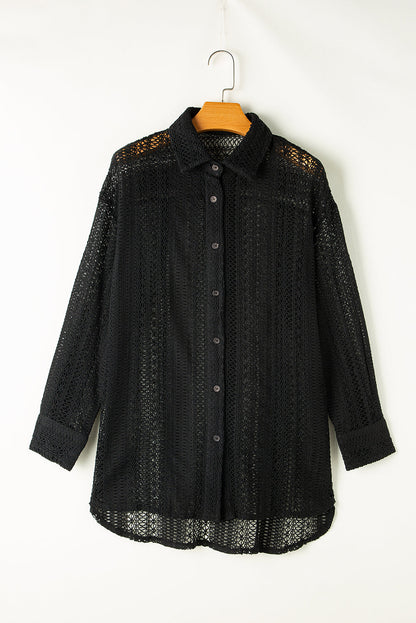 Black Lace Crochet Collared Button Up Oversized Shirt