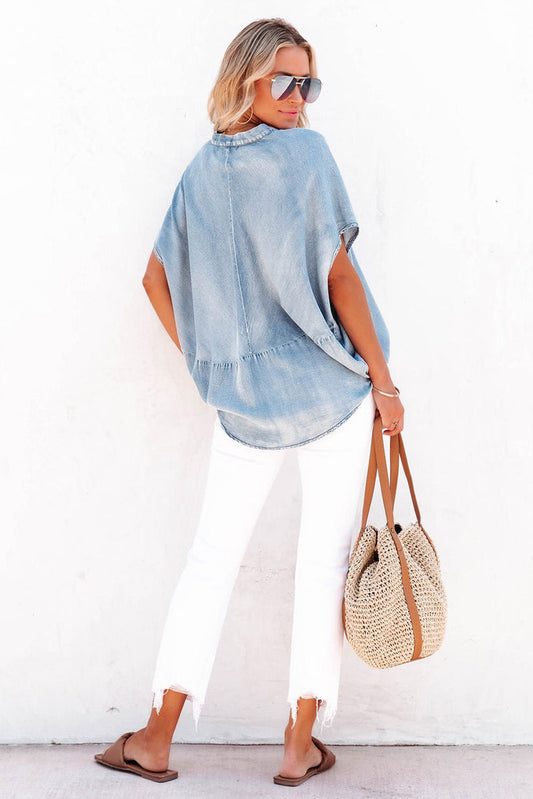 Sky Blue Split V Neck Loose Denim Blouse