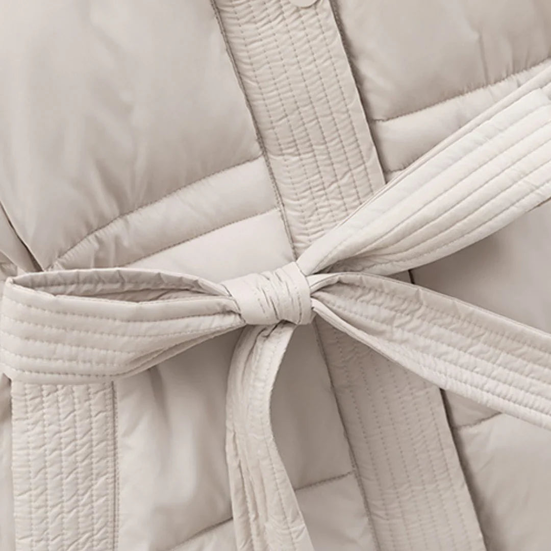 Women's winter jacket with hood and belt, lightly padded