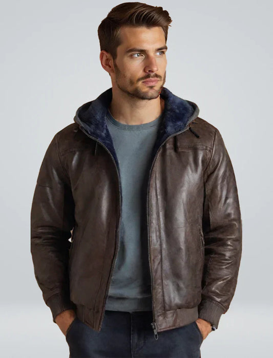 Heinrich leather winter jacket with hoodie – warm & robust