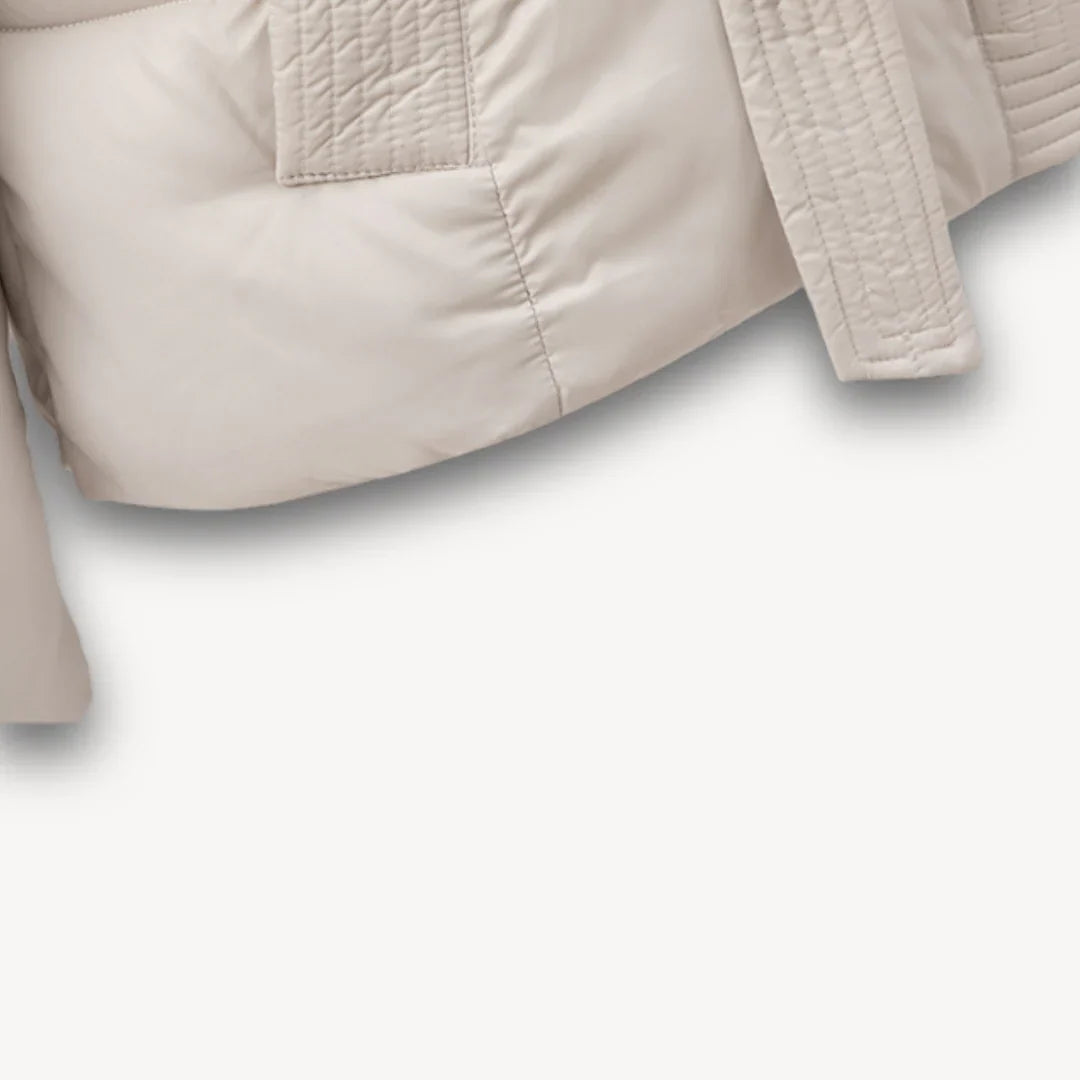 Women's winter jacket with hood and belt, lightly padded
