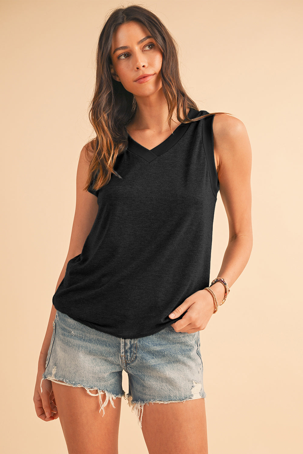 Mist Green Contrast Trim V-Neck Loose Fit Tank Top