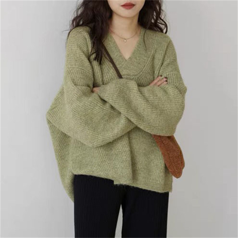 Comfy fall green knit sweat tops plus size high neck knit blouse