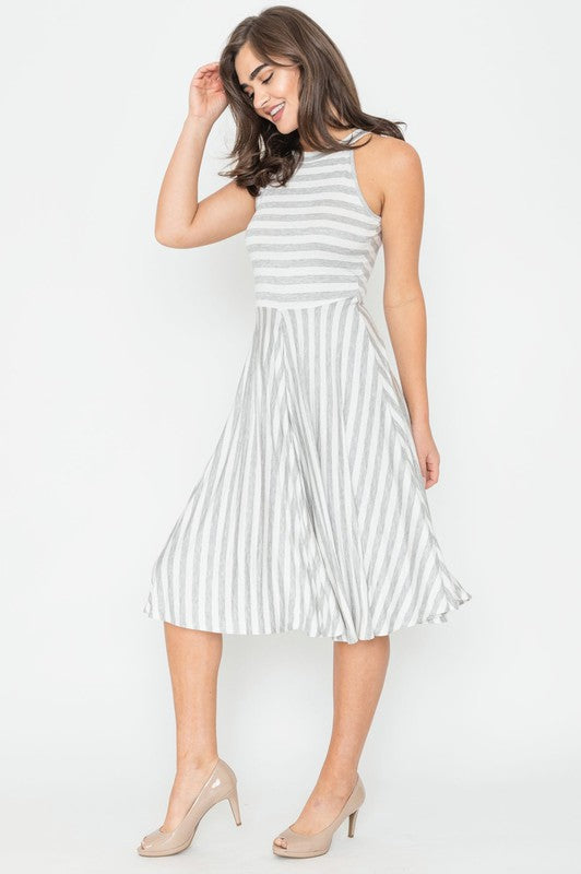 Stripe Halter Neck Midi Swing Dress