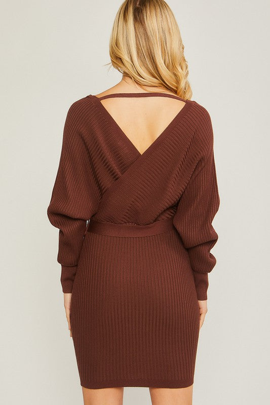 Off Shoulder Wrap Belted Ribbed Knit Dress