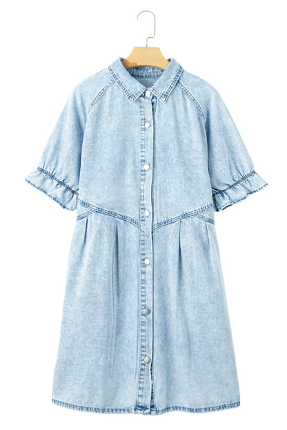 Blue Mineral Washed Ruffled Short Sleeve Pocketed Denim Dress