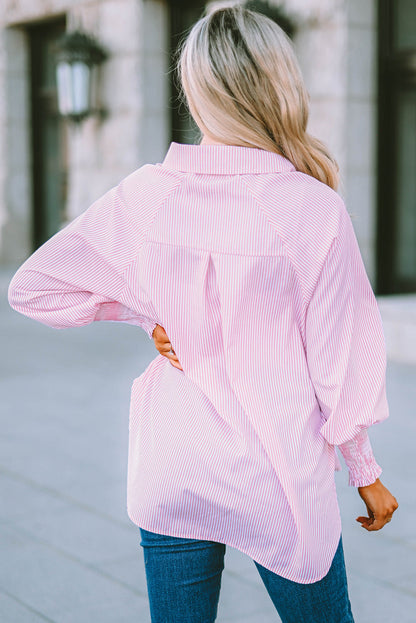 Light Blue Striped Casual Shirred Cuffs Shirt