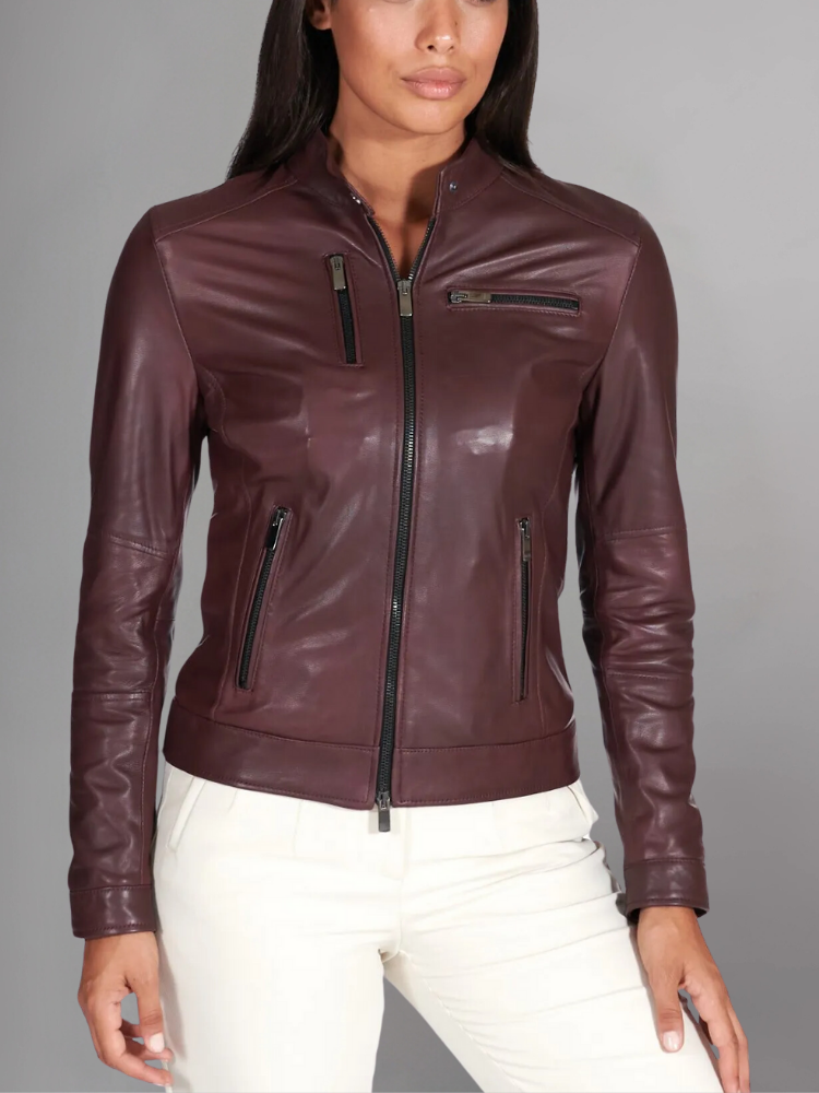 Blue natural leather biker jacket four zipper pockets