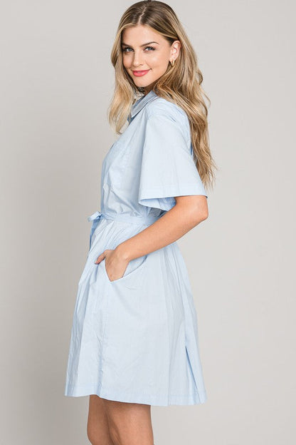 Jill Button Down Waist Tie Mini Dress Blue