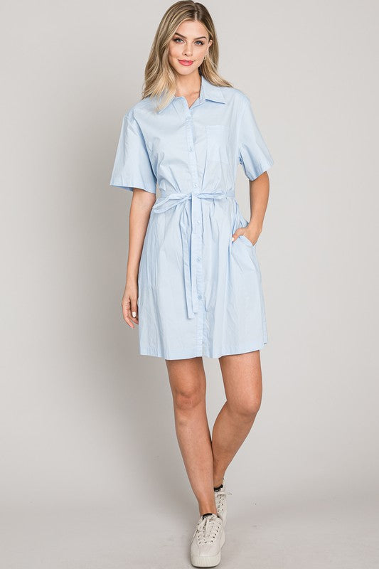 Jill Button Down Waist Tie Mini Dress Blue