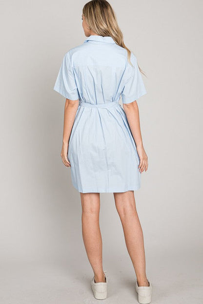 Jill Button Down Waist Tie Mini Dress Blue