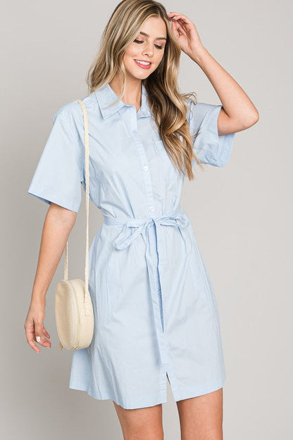 Jill Button Down Waist Tie Mini Dress Blue