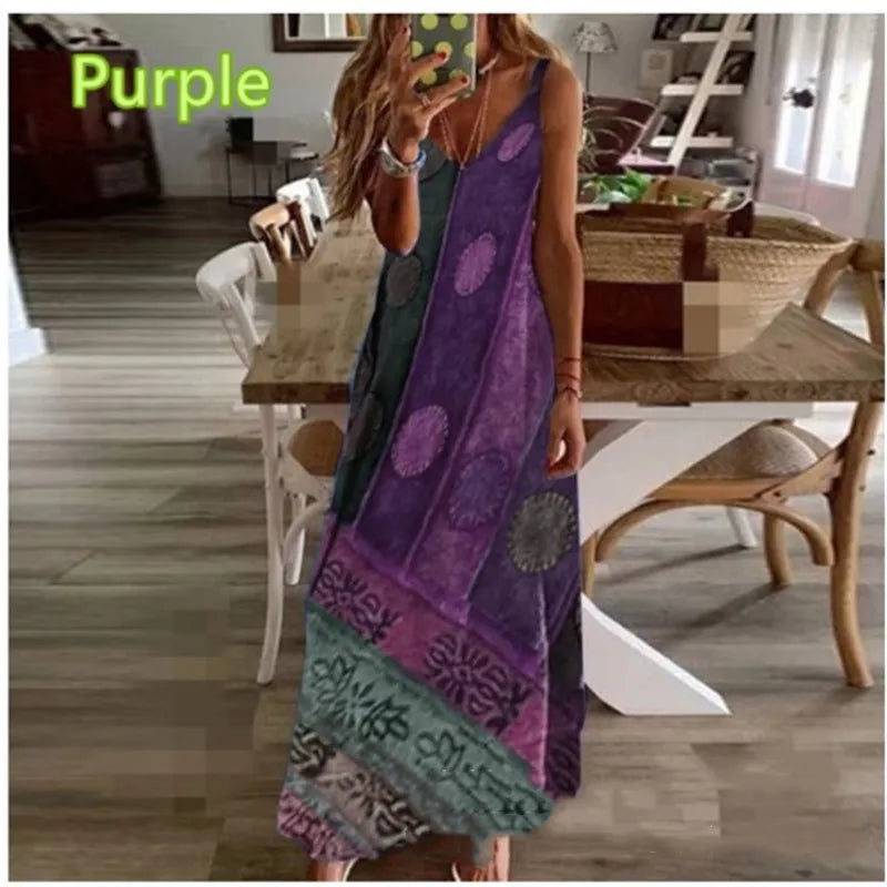 Women's Kantha Floral Pattern Loose Cotton and Linen Tank Top Dress