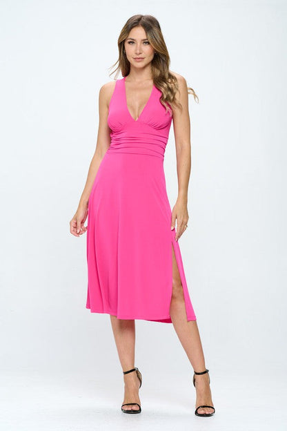 Solid Deep V Neck Lined Dress with Slit