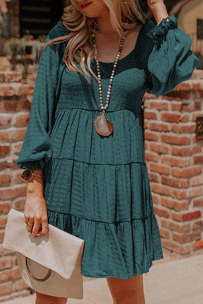 Black Puff Sleeve Smocked Tiered Short Dress