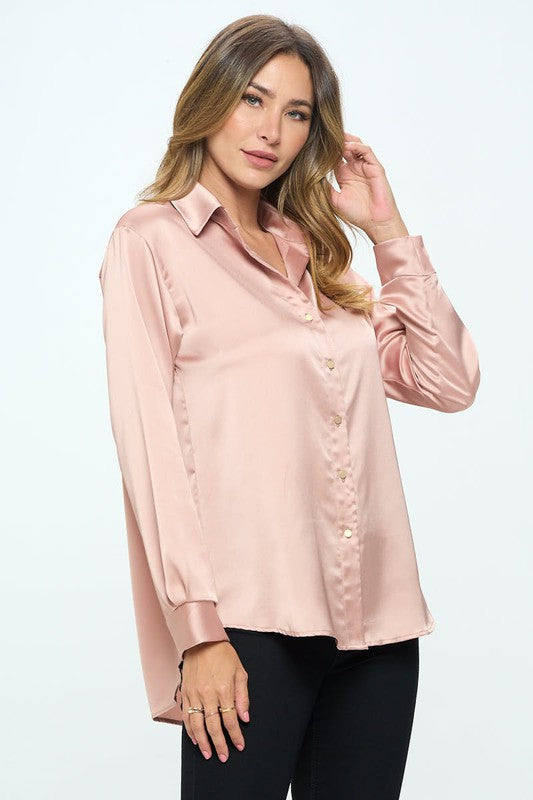 Stretch Satin V neck Blouse with Collar