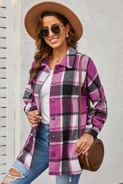 Double Take Plaid Dropped Shoulder Pocketed Shirt Jacket