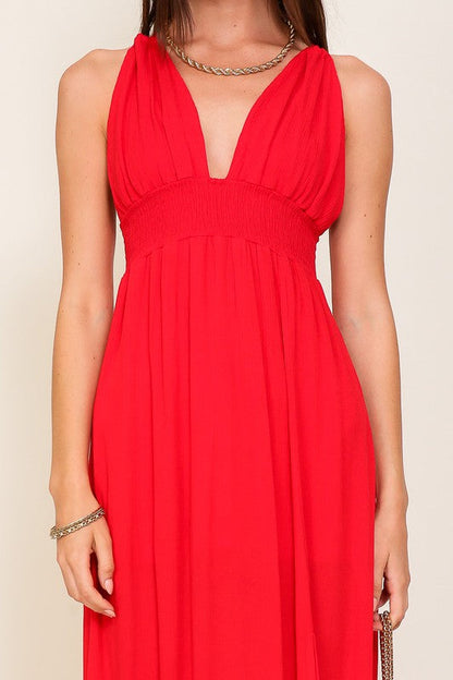 Astrid Open Back Halter Tie Maxi Dress Red