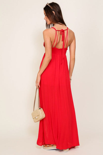 Astrid Open Back Halter Tie Maxi Dress Red