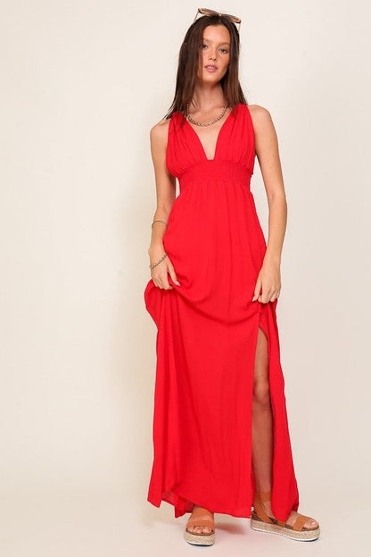 Astrid Open Back Halter Tie Maxi Dress Red