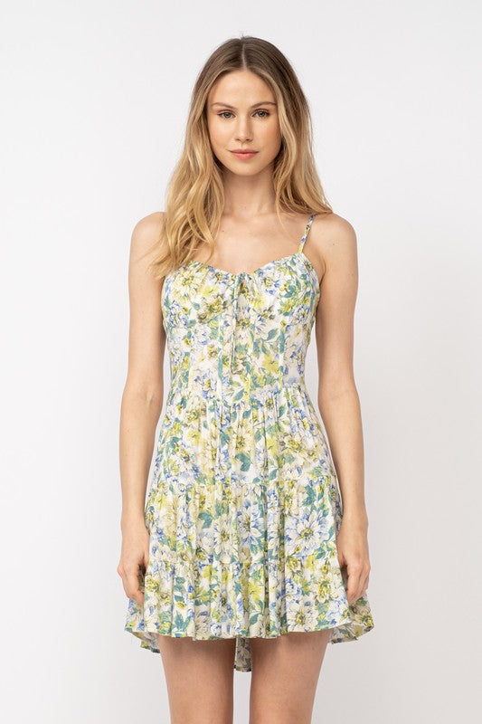 Gloria Sleeveless Corset Floral Print Mini Dress Green